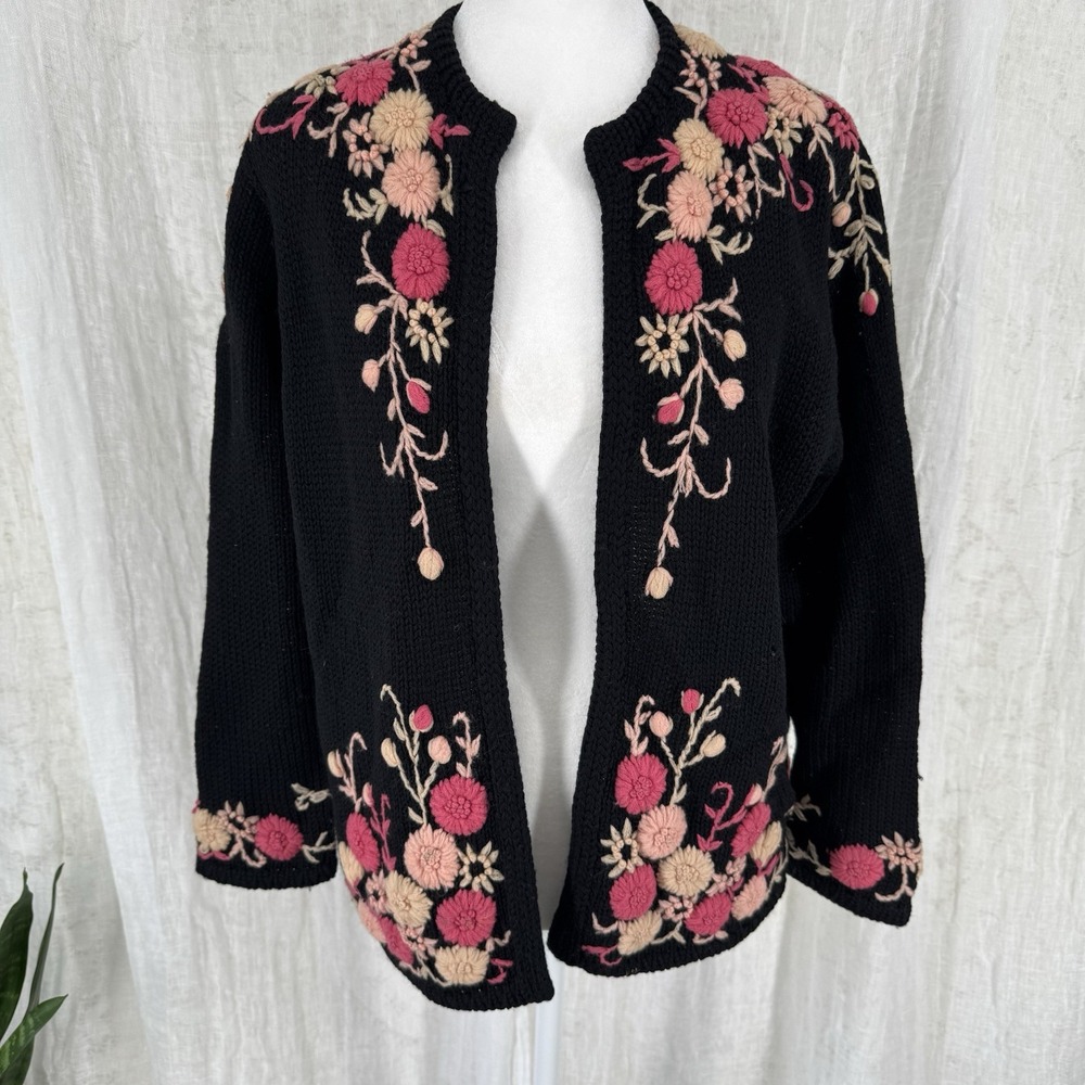 Vtg Elsie Tu Cardigan Sweater L Cottage Whimsigoth Grandma Chunky Hand Embroider